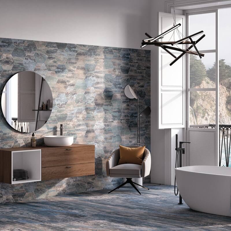 Merola Tile Cassis Hex Blue 8-5/8" x 9-7/8" Porcelain Floor and Wall Tile