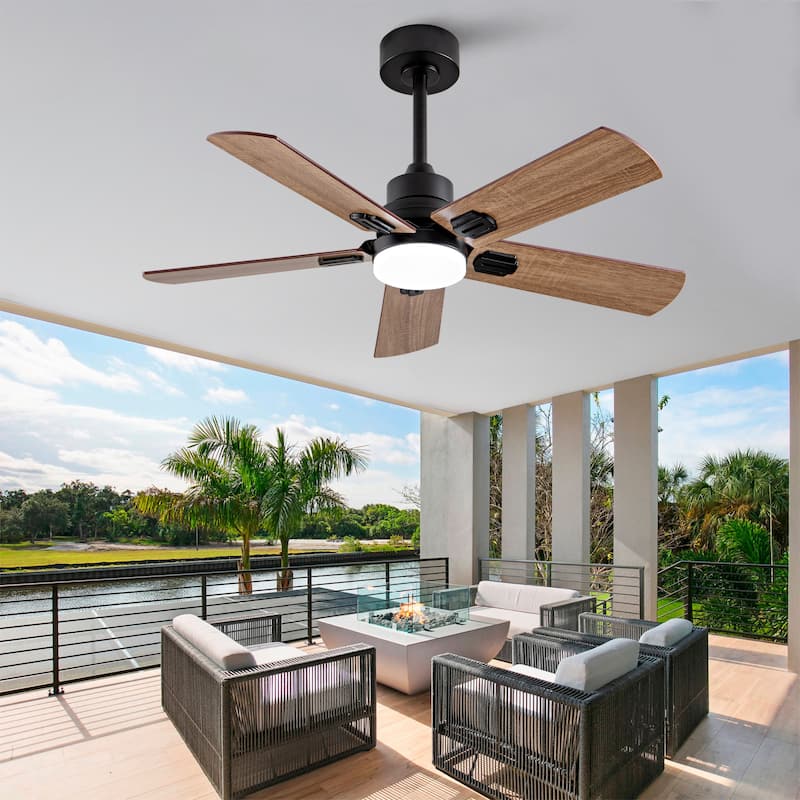 Smart 42" Indoor/Outdoor Ceiling Fan with Light, Dual Finish Black/Walnut 6-Blade, Remote Control, Dimmable LED