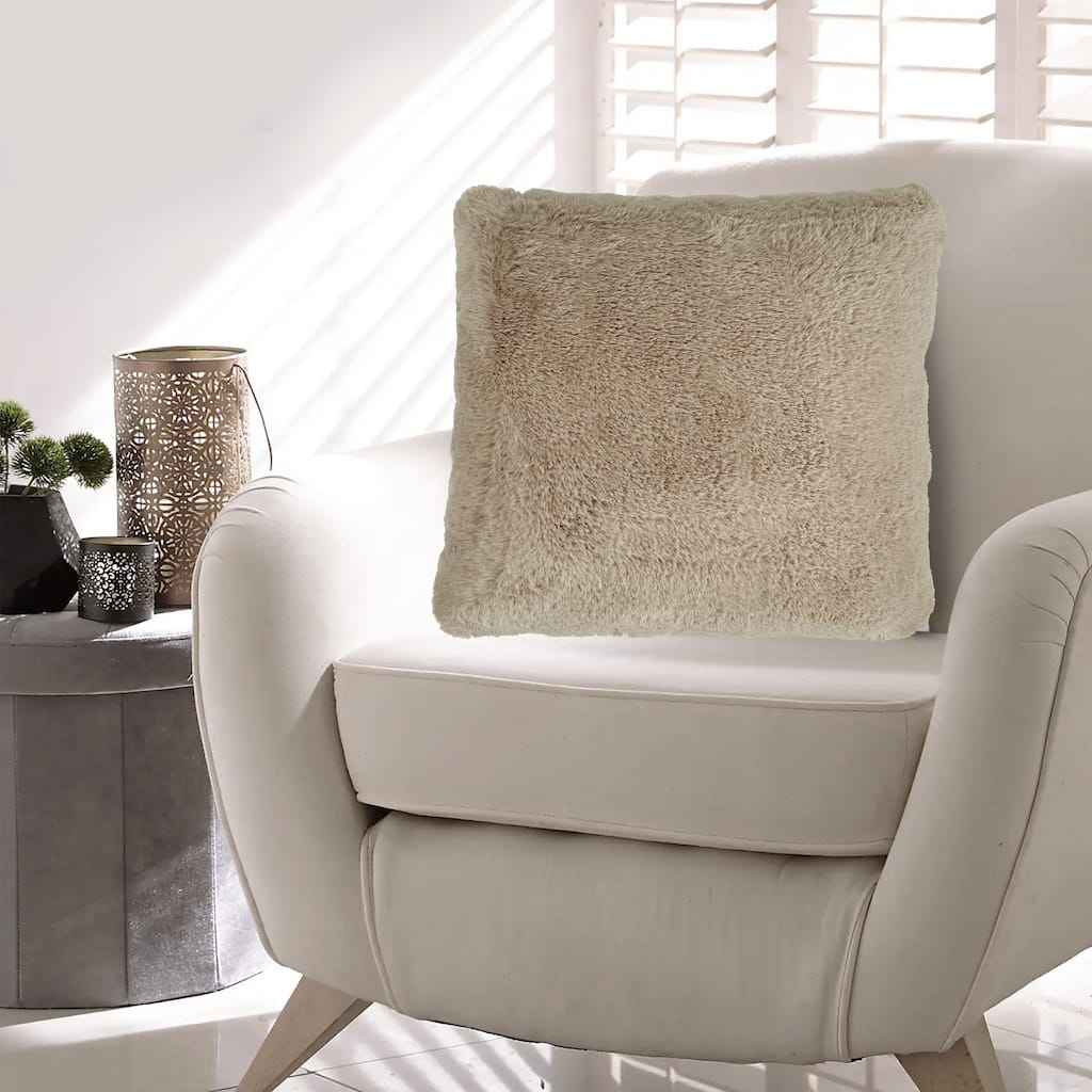 Difi Throw Pillow Set of 4, 20 Inch, Faux Rabbit Fur Face, Taupe Polyester