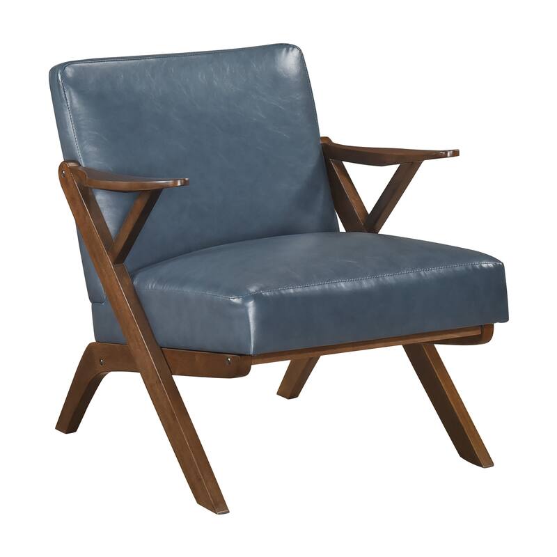 Rhys 26.5" Faux Leather Accent Chair - Solid Rubberwood Frame - Blue (Brown Finish)