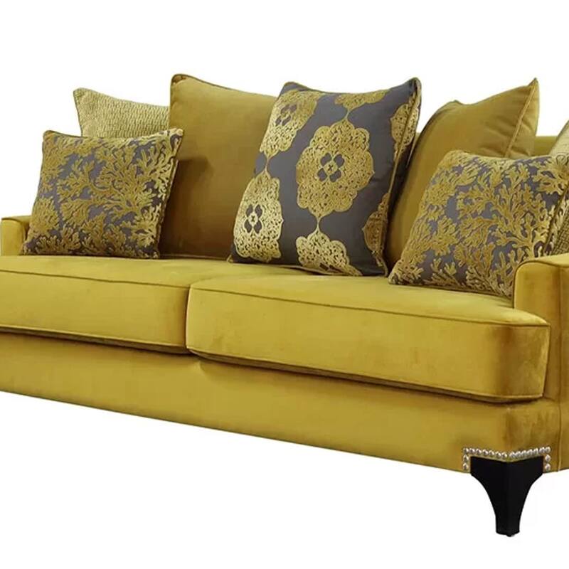 Visco 2pc Sofa, Loveseat Set, 8 Throw Pillows, Rivet Trim, Gold Yellow