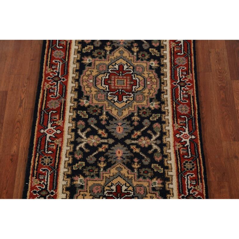 Dark Navy Blue Heriz Serapi Indian Runner Rug Handmade Wool Carpet - 2'3"x 8'3"