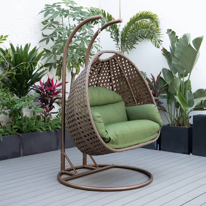 LeisureMod Mendoza Dark Brown 2 Seater Wicker Patio Hanging Double Swing Chair for Patio Porch Backyard Garden - 53"
