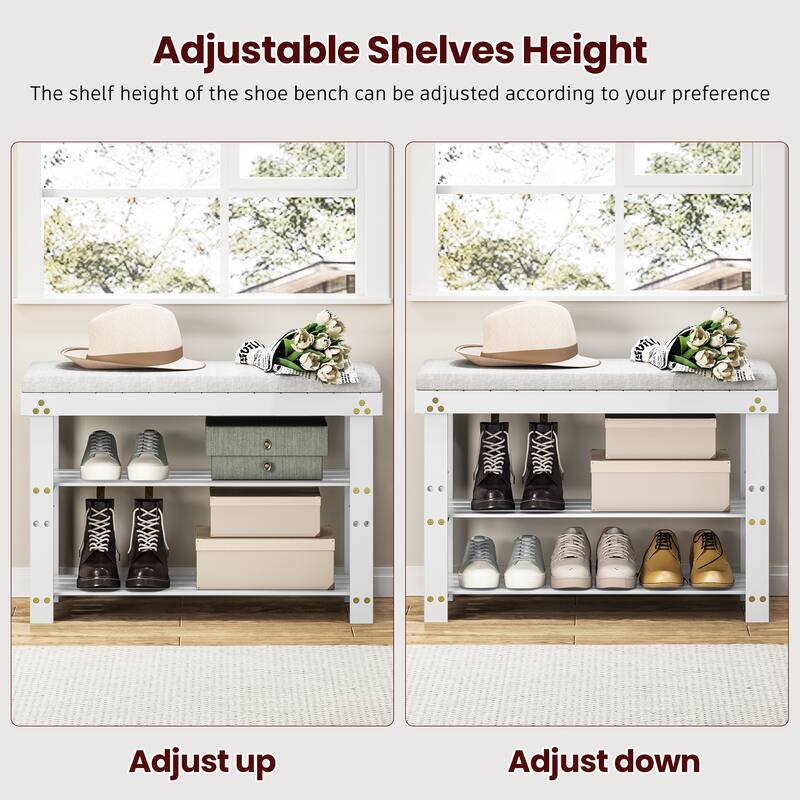 Bamboo Shoe Bench, 3-Tier Shoe Rack, Entryway Bench with Cushion and Adjustable Shelves, Shoe Rack