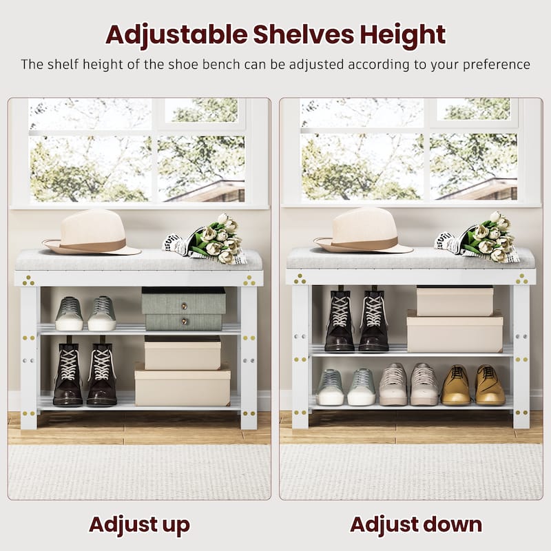 Bamboo Shoe Bench, 3-Tier Shoe Rack, Entryway Bench with Cushion and Adjustable Shelves