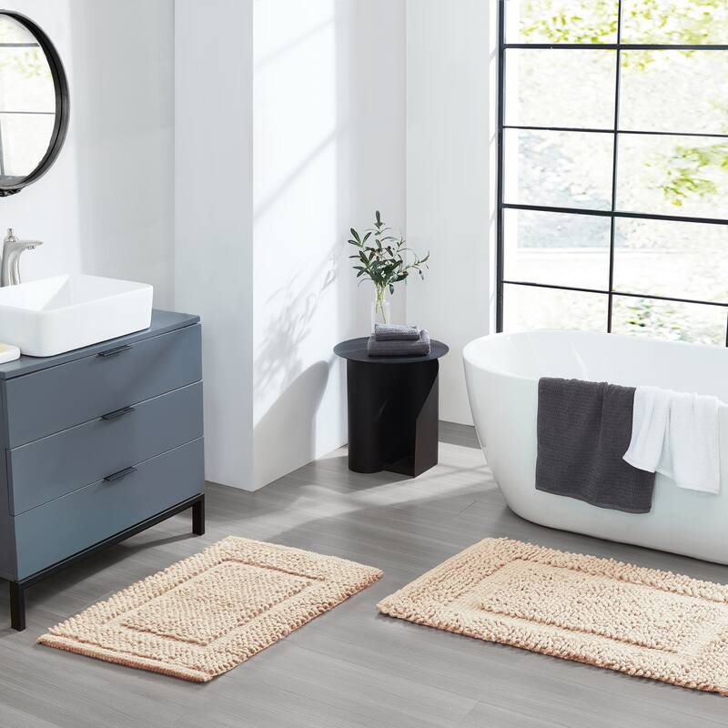 Sophie Border Ultra-plush Chenille Non-Slip Cotton Bath Mat (Set of 2) - 17 x 24 / 20 x 32 - Ivory