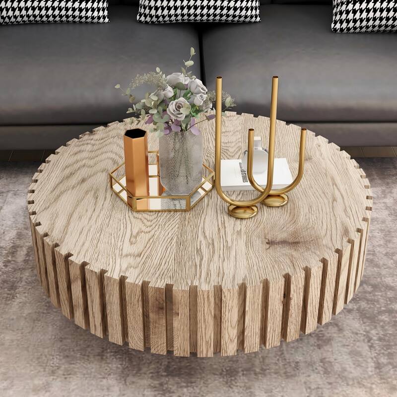 GDFStudio - Norwyn Minimalist Aesthetics Round Coffee Table with Sturdy Base and Handcrafted Relief Carving - 31.5"W