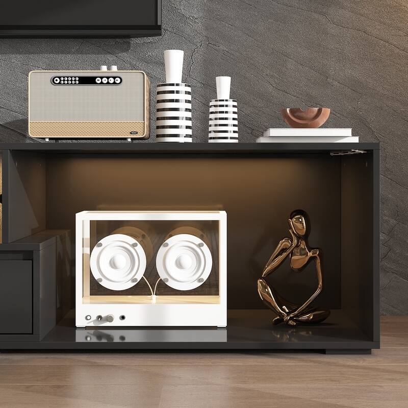 Modern Black TV Stand with LED Lighting and Expandable Open Area: Stylish, Customizable & Ultra - Practical