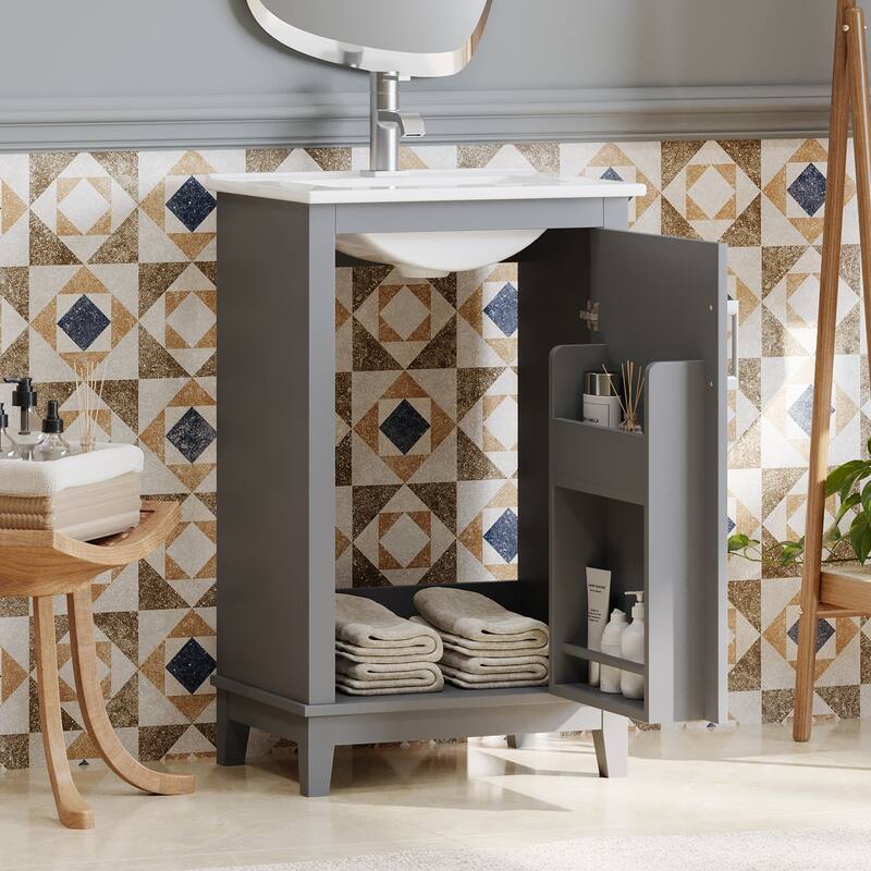 20" Modern Small Bathroom Vanity Cabinet With Ceramic Basin - 20"*15.5"*33.3", Ample Storage, 1 Soft-Close Door