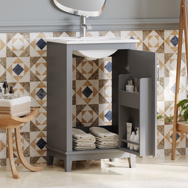 Bathroom Vanity with Sink, Small Bathroom Cabinet with Storage Racks, Single Basin Vanity Set with Soft-Close Door