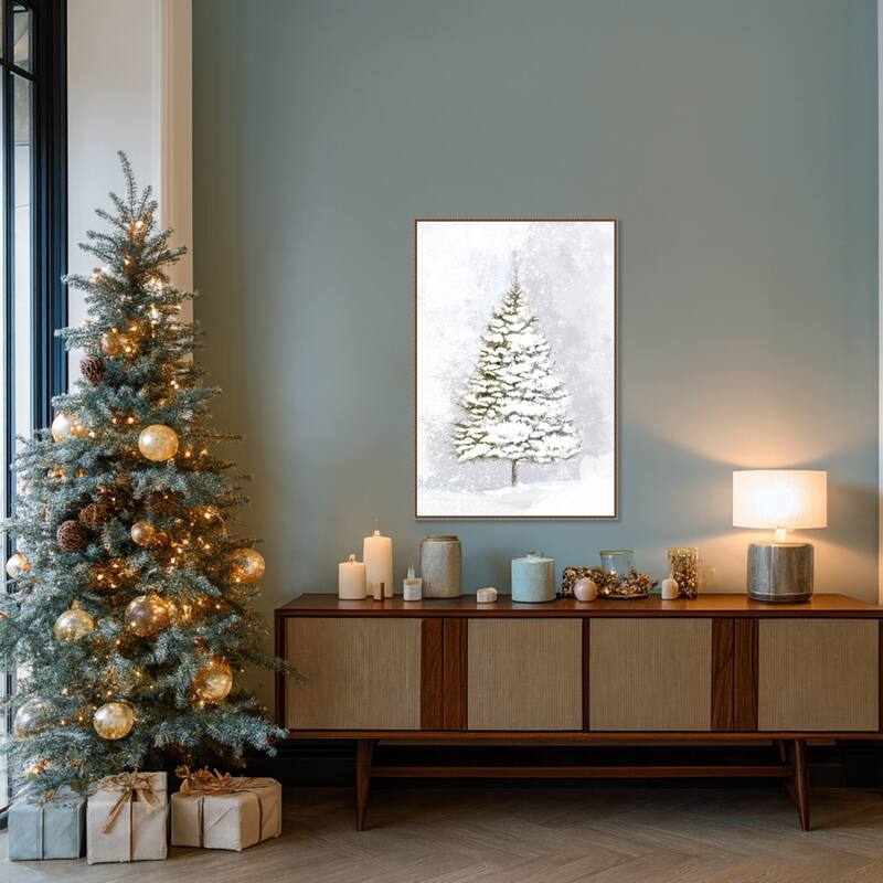 Lone fir in the snow by Rosana Laiz Blursbyai Framed Canvas Wall Art Print - Sylvie Beaded Dark Gold