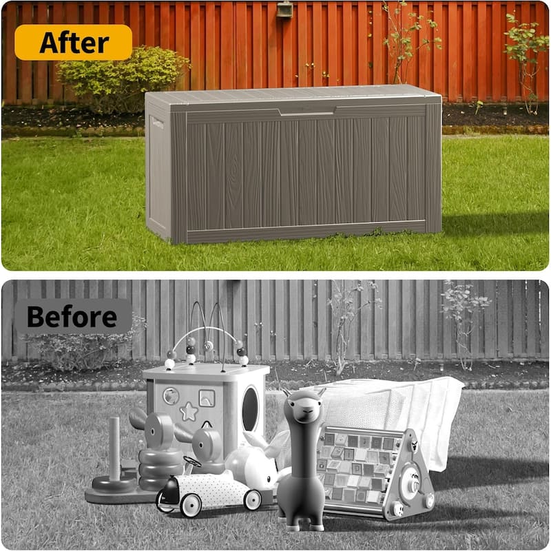 80gallon outdoor resin deck box weatherproofwith hydraulic rod, bench