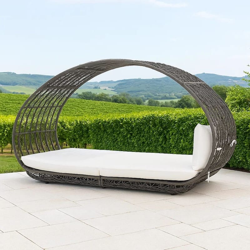 Outdoor Canopy Daybed, Gray Faux Rattan Frame with Off White Cushions