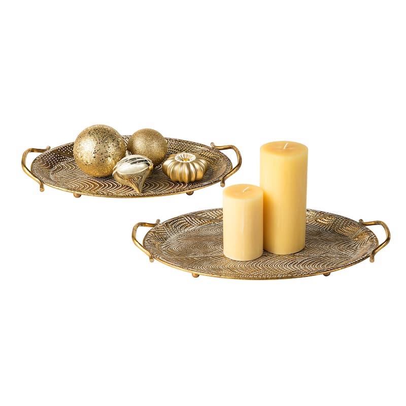 Glitzhome Set of 2 Oval Metal Gold Decorative Tray with Handles -16"/19"L