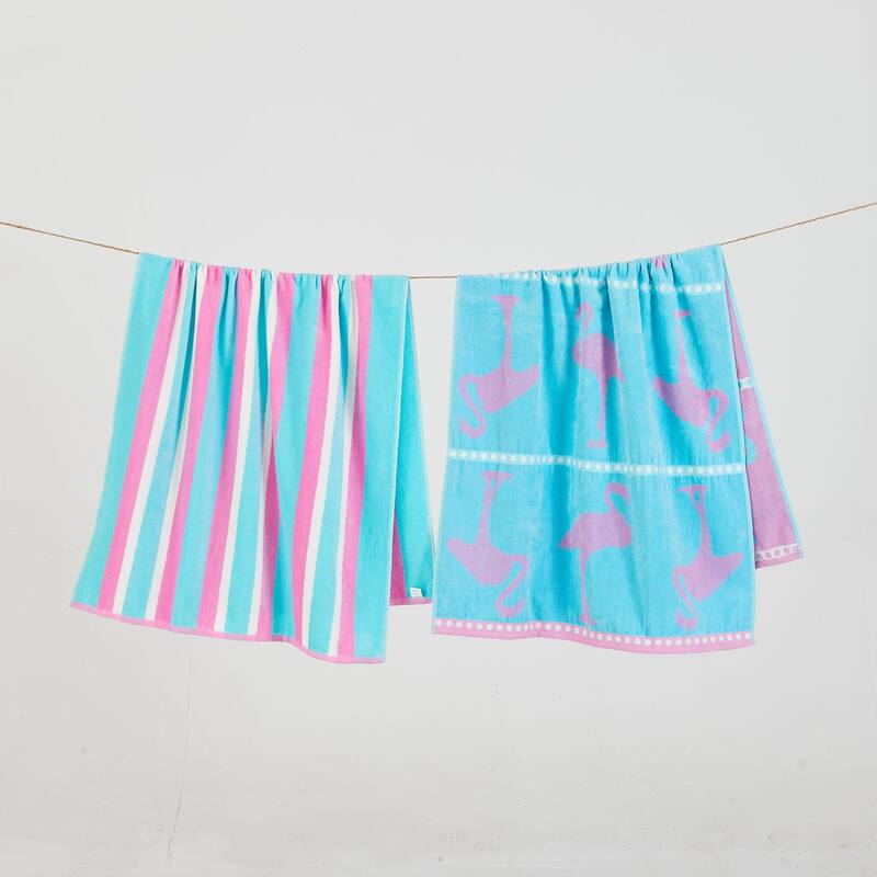 Luxurious Cotton Printed Beach Towel - 2 Pack- 30" x 60" - Flamingo Blue / Pink