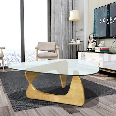 Triangle Glass Modern Noguchi Coffee Table,Vintage Glass,and Wood End Table,Solid Wood Base and Clear Glass Top