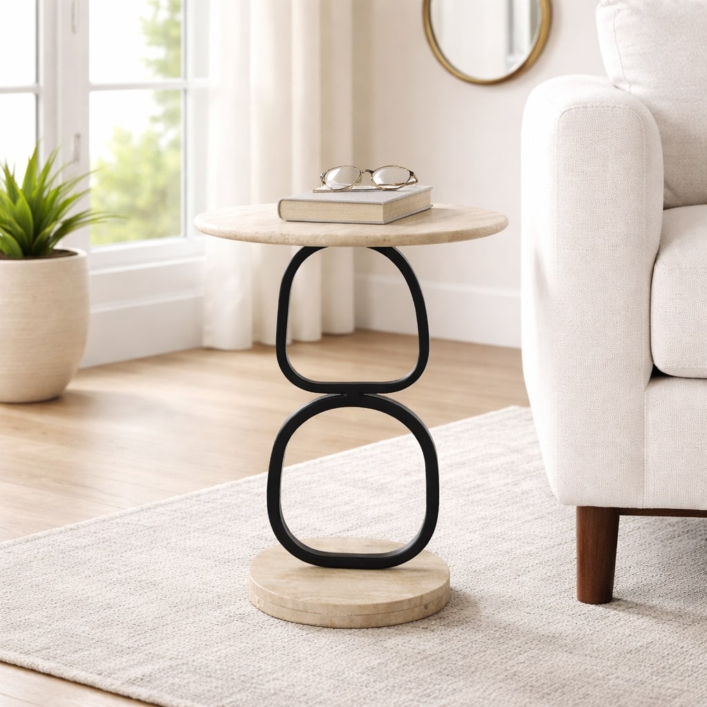 Marble Round Accent Table with Open Metal Base - 23", Tan & Black - 22.5"