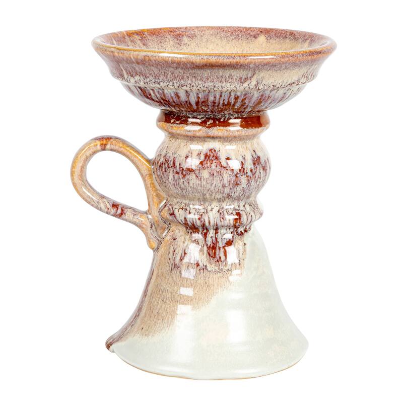 Stoneware Pillar Candle Holder with Handle and Reactive Glaze