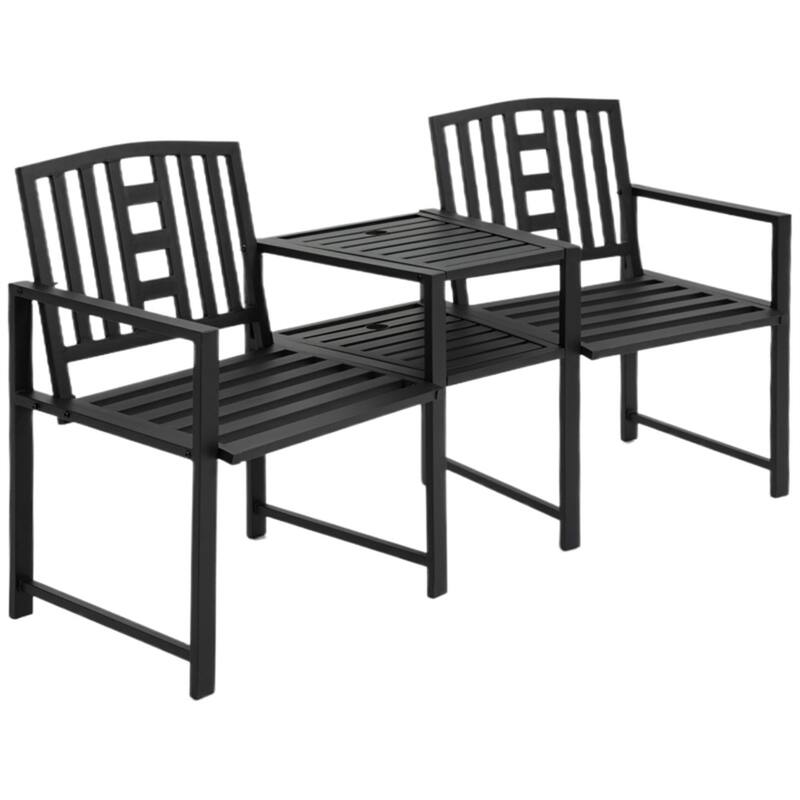 Outdoor Black Metal Garden Loveseat with Tea Table Two Seat Patio Bench for Backyard Porch and Patio - 65" L x 24" W x 33.75" H - Black