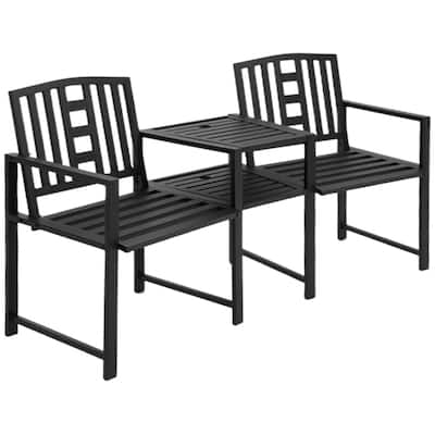 Outdoor Black Metal Garden Loveseat with Tea Table Two Seat Patio Bench for Backyard Porch and Patio - 65" L x 24" W x 33.75" H