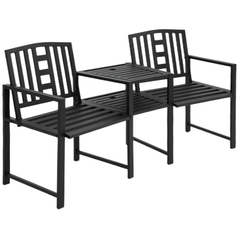 Outdoor Black Metal Garden Loveseat with Tea Table Two Seat Patio Bench for Backyard Porch and Patio - 65" L x 24" W x 33.75" H