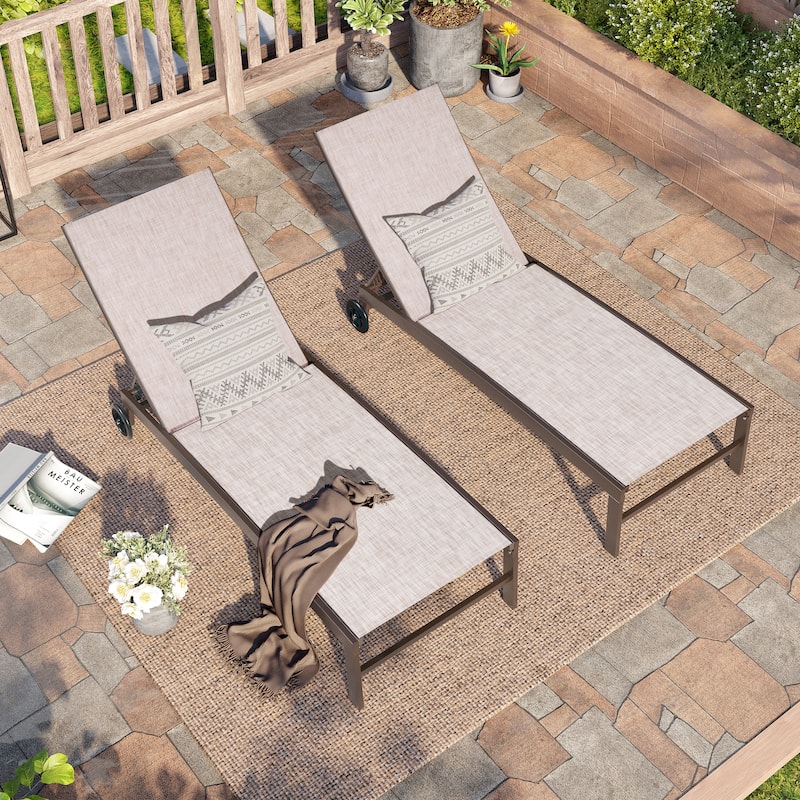 Outdoor Wheel Adjustable Chaise Lounge Chairs 5 Reclinig Position Aluminum Sun Lounger - 2pcs Chairs, Beige