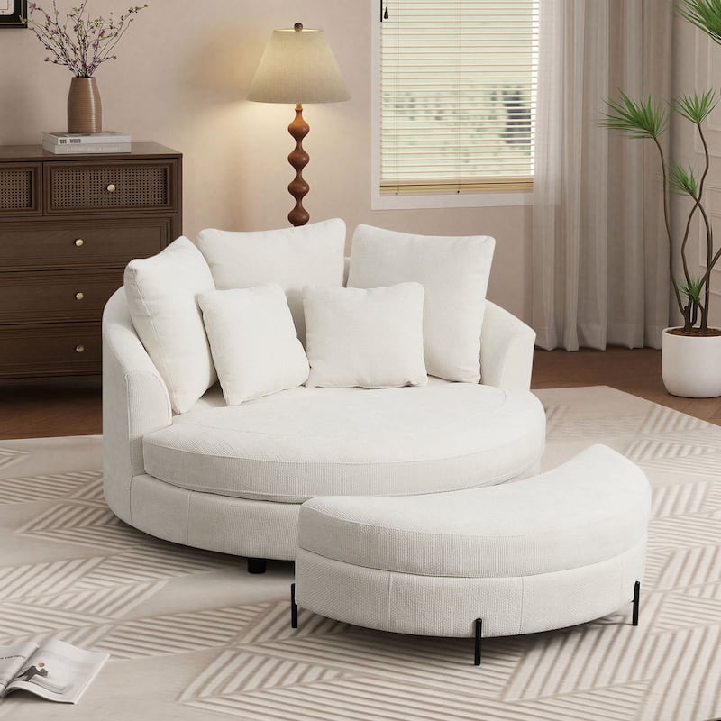 59.8''W Oversized Sofa Chair Set, Round Accent Barrel Chair With 5 Pillows and 1 Storage Ottoman - Set/Beige/Chenille