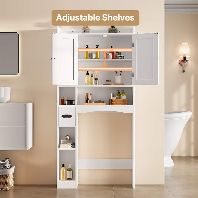 66''H Over The Toilet Storage Cabinet, Bathroom Storage Organizerwith 2 Doors, Paper Holder and Racks, Adjustable Shelf