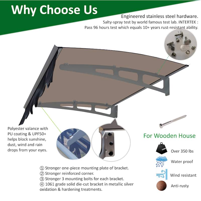 Series Door Window Awning Made of 0.137 Inch Thick Crystal Solid Polycarbonate Sheet and Aluminum Alloywith Valance