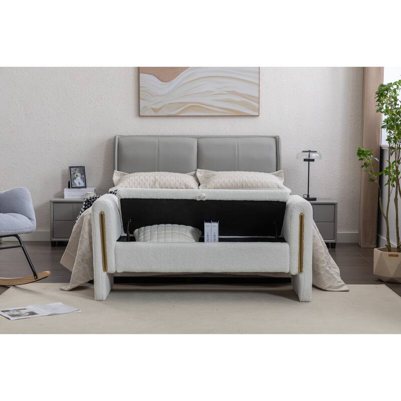53" Storage Bench, Teddy Fabric Entryway Bench Upholstered Ottoman Bench with Gold Metal Trim Strip for Bedroom