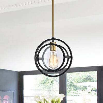 Black and Antique Gold 1-Light Round Mini Pendant with Clear Glass