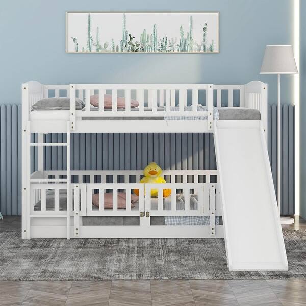 slide 2 of 9, Twin Over Twin Versatile Low Bunk Bed with Slidewith Fence & Ladder for Toddler Kids Teens,Sturdy and Durable Frame,White