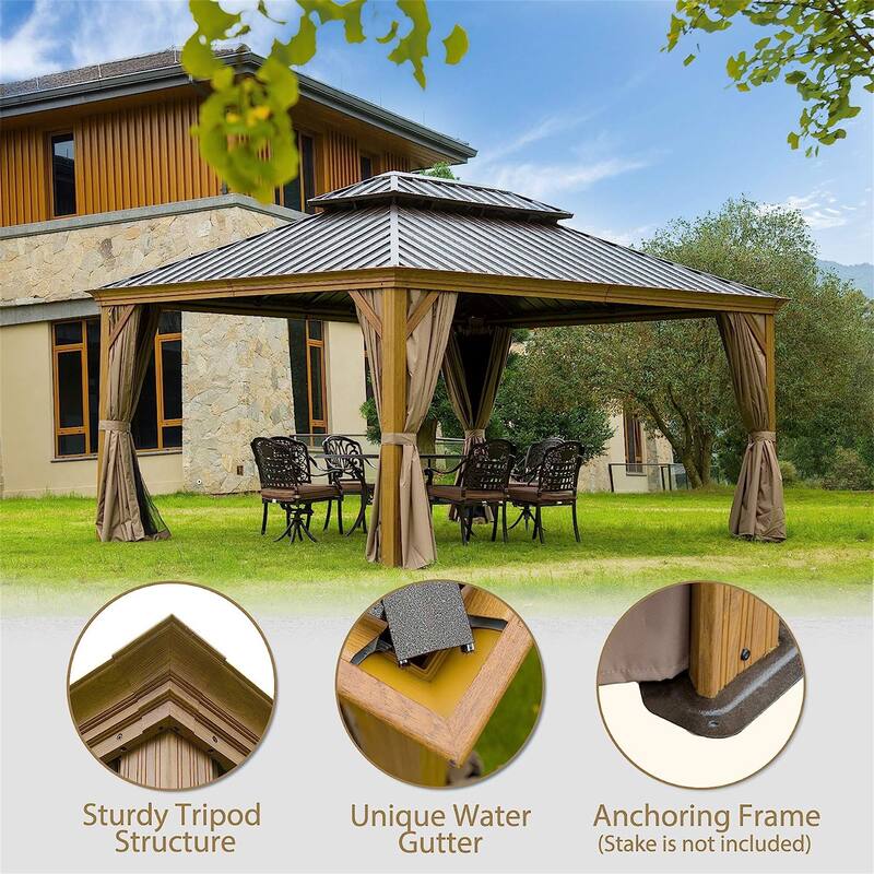 12'x14' Wood-Look Aluminum Hardtop Gazebo with Double Steel Roof, Bug Netting & Privacy Curtains for Outdoor Patio