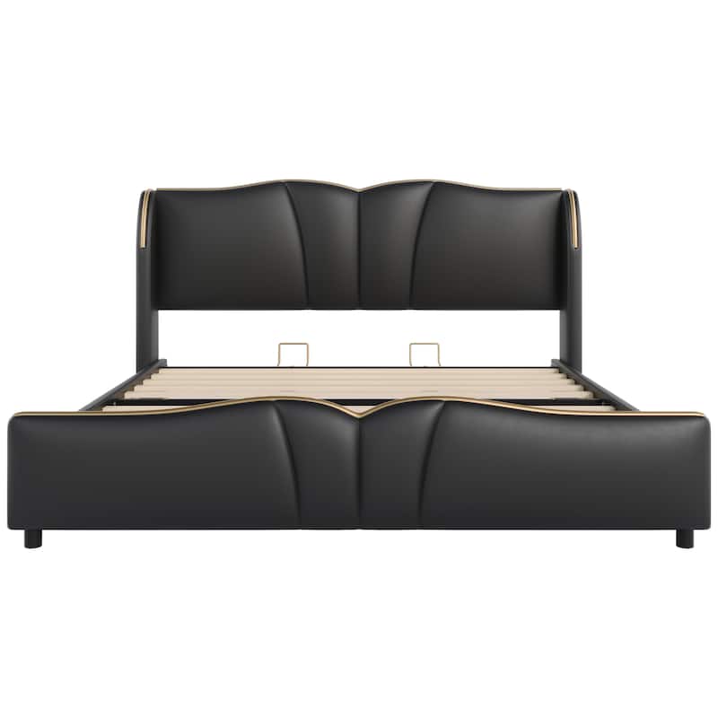 Roomfitters King Size Upholstered Platform Bed Frame with Wingback Headboard, Faux Leather, Wavy Footboard Design