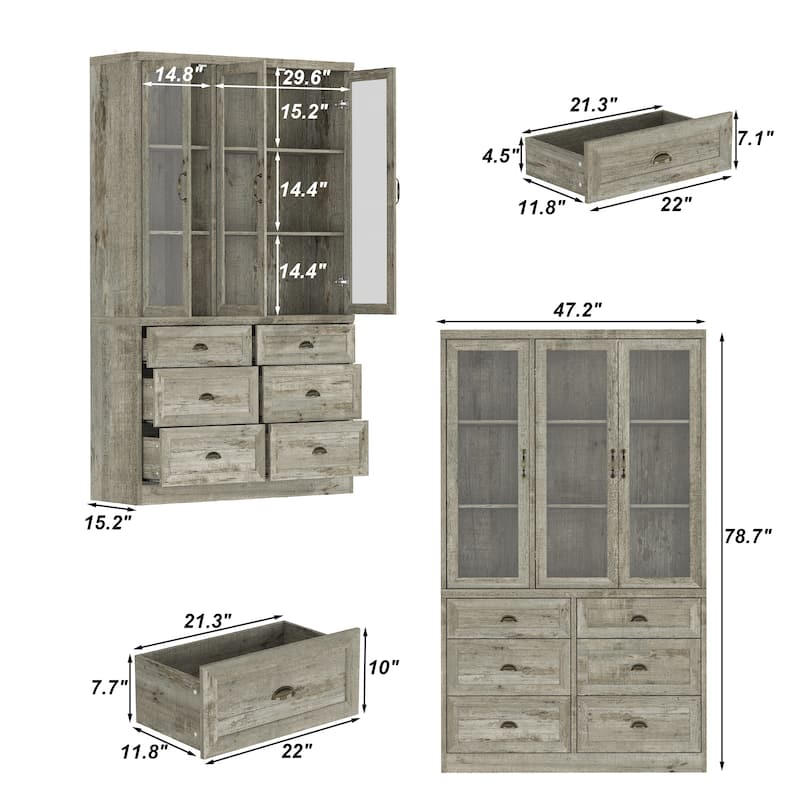 Farmhouse Kitchen Pantry Cabinet 6-Tier Bookshelf with Adjustable Shelves & Glass Doors