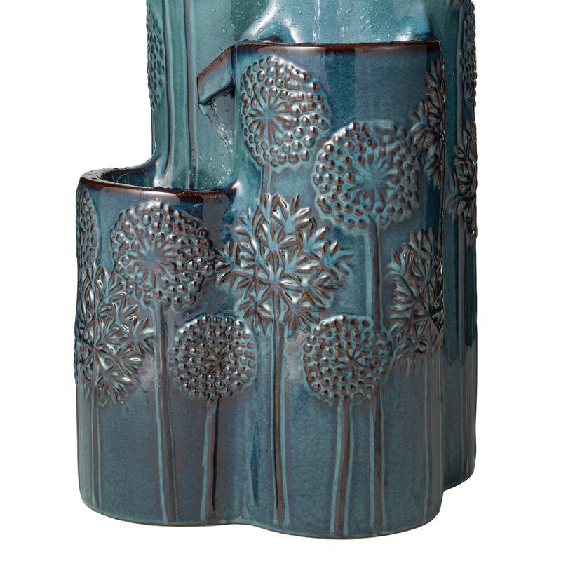 Glitzhome 27" H 4-Tier LED Ceramic Outdoor Floor Fountain with Birds, Cobalt Blue Turquoise Dandelion Texture Vase-Shaped