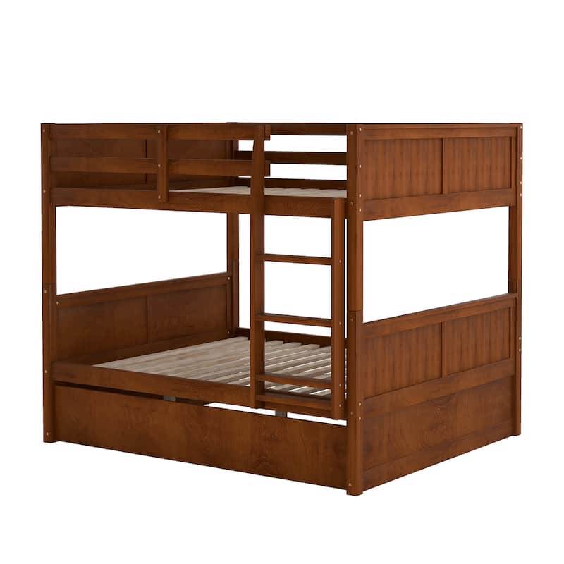 Full Over Full Bunk Bed with Twin Trundle, Walnut Finish, Convertible Design
