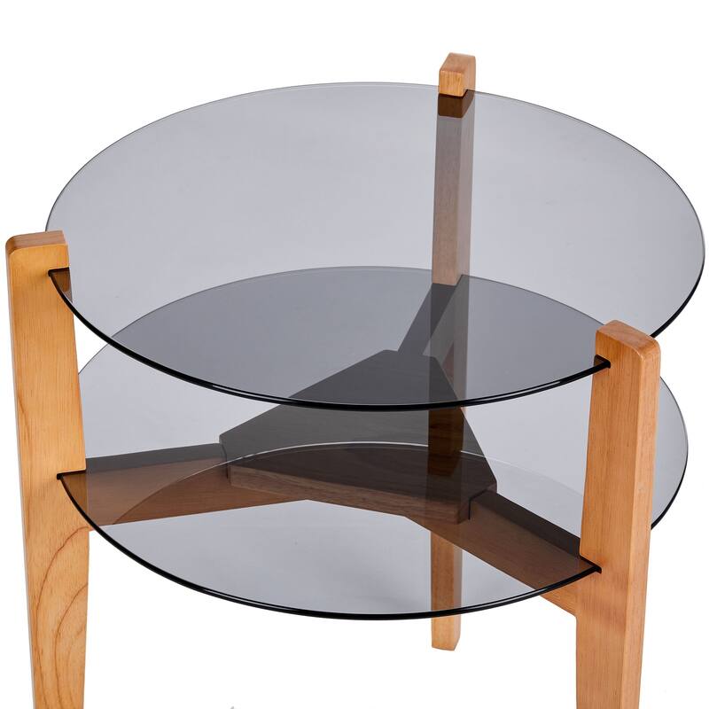 24 Inches 2-tier Glass Round End Table with Shelf and Wooden Legs
