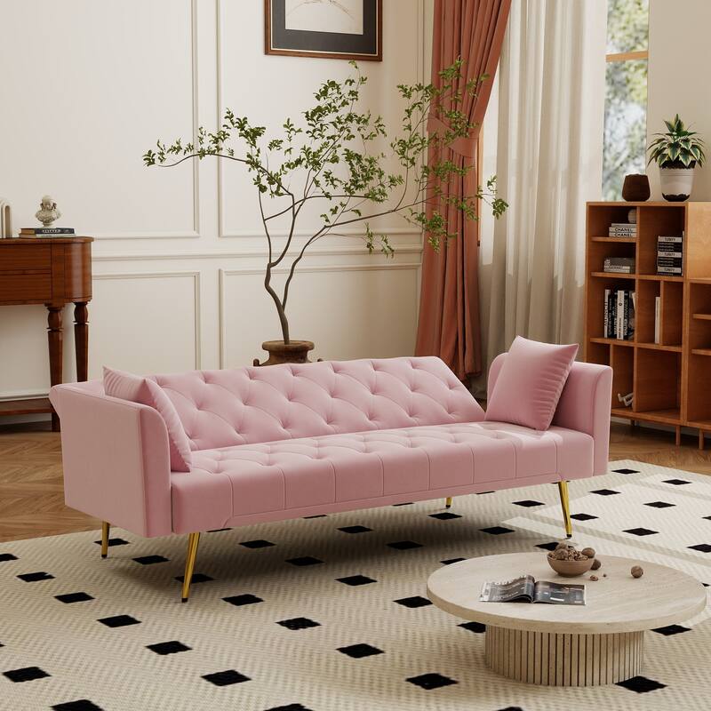 Convertible Sleeper Sofa Bed, Foldable Velvet Loveseat with Adjustable Backrest and Metal Legs, Cloud Chaise Lounge Couch