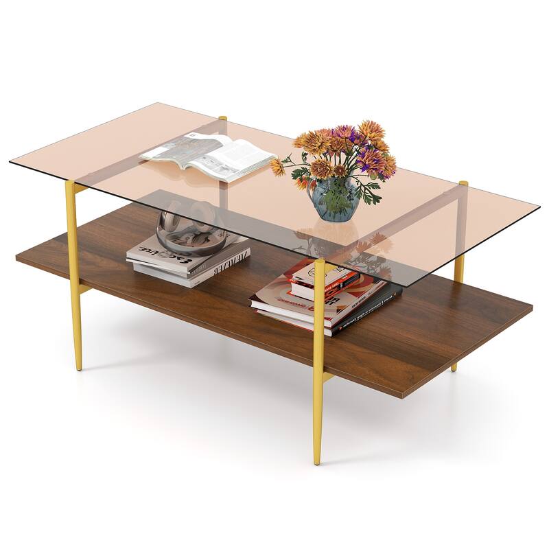 2-Tier Glass Coffee Table with Tampered Glass Tabletop and Open Storage Shelf-Brown - Multi