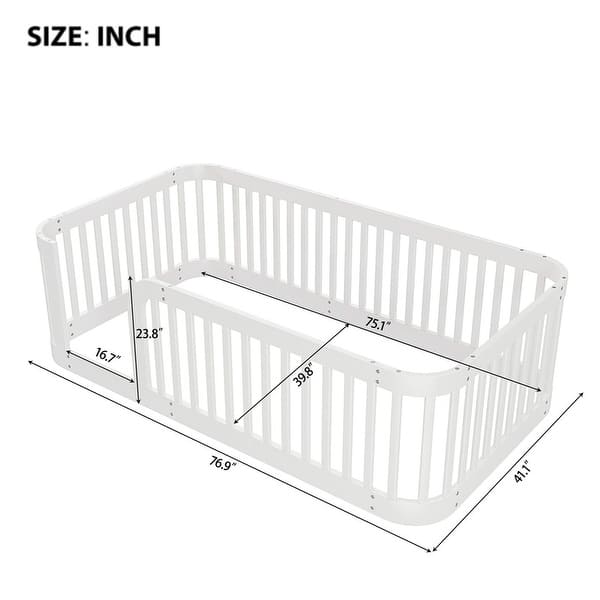 dimension image slide 1 of 4, Wooden Floor Bed Frame Toddler Bed with Fence Guardrails, Twin/Full Size Montessori Bed Floor Platform Bed for Kids