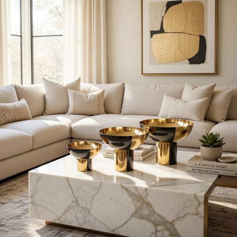 Set of 3 Round Bowls, Black and Gold Aluminum Finish, Sturdy Metal Stand