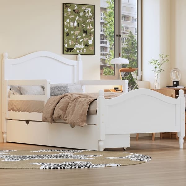 slide 2 of 44, Kids Platform Bed with Saddle-shape Headboard and Footboard, 2 Drawers Underneath, 10 Pc Slats Support, No Box Spring Needed White - Twin