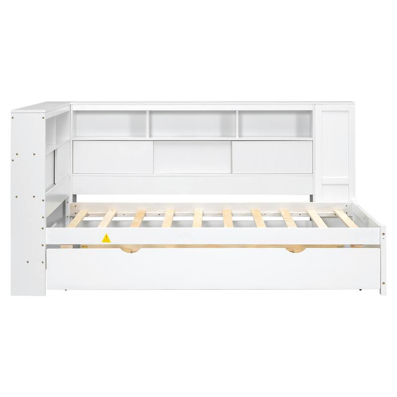 Twin Size Wood Daybed with Trundle, Storage Shelves, Built-in USB Port, and Charging Station, Natural Finish