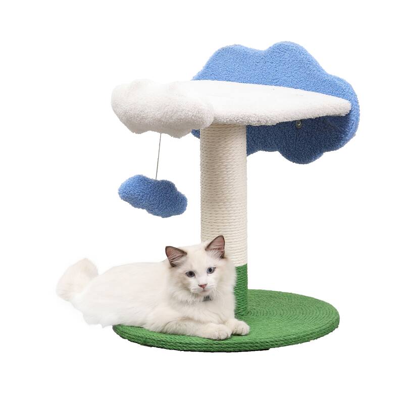Sami 21.5" Modern Jute Cloud Cat Tree with Scratching Post, and Fuzzy Toy, White/Blue/Green
