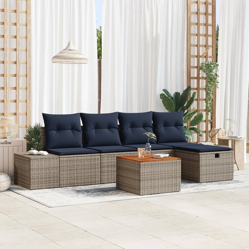 vidaXL 6 Garden Sofa Set with Cushions Black/Grey Poly Rattan - 115.8 x 46.1 x 27.2 - Grey