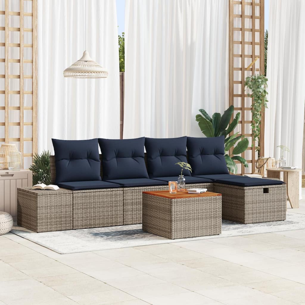 vidaXL 6 Garden Sofa Set with Cushions Black/Grey Poly Rattan - 115.8 x 46.1 x 27.2