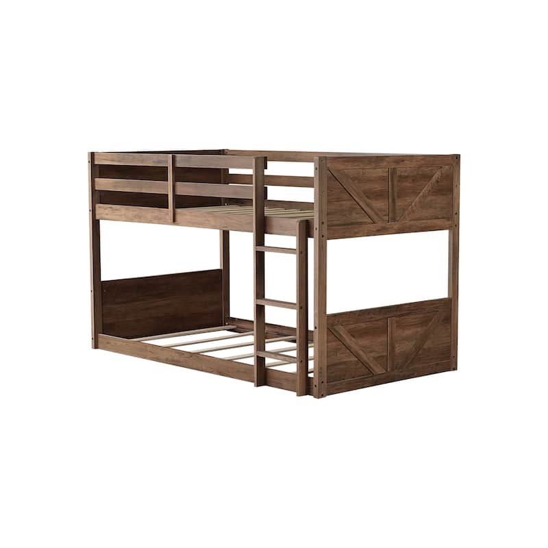 Floor Bunk Bed with Panelled Headboard and Footboard, Solid Rubber Wood Foundation with Safety Guardrails, Built-in ladder