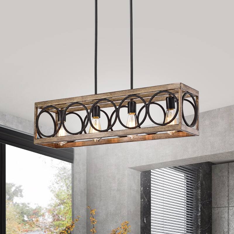 Spencer Matte Black 4-Light Linear Chandelier with Open Metal Hoops Shade
