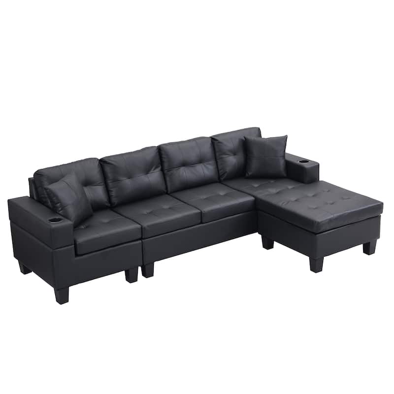 Black PU Leather L-shape Sectional Sofa with Left or Right Hand Chaise ...